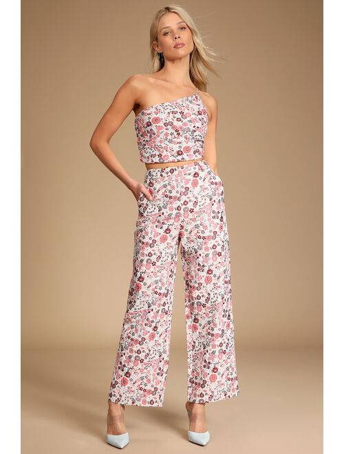 Lulus Bloom into Spring Blush Floral Jacquard Wide-Leg Pants