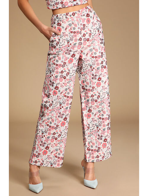 Lulus Bloom into Spring Blush Floral Jacquard Wide-Leg Pants