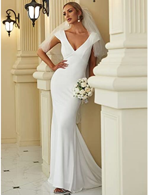 Ever-Pretty Women's Deep V-Neck Open Back Lace Bodycon Mermaid Maxi Wedding Dress 0171A