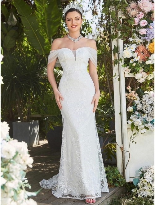 Ever-Pretty Women's Off-Shoulder Mermaid Sweep Train Long Wedding Dresses for Bride 0136C