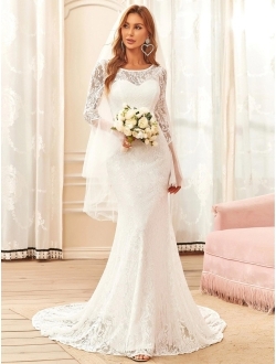 Women Sweetheart Illusion Neckline Lace Applique Bodycon Mermaid Wedding Dress 90354