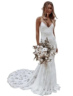 Homdor Simple Boho Wedding Dresses for Bride Mermaid 2022 Spaghetti Straps V Neck Beach Bridal Gowns