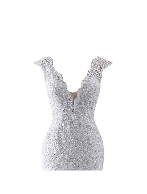 Mollybridal Deep V Neck Applique Beads Pleats Mermaid Wedding Dresses for Bride Long Plus Size 2022