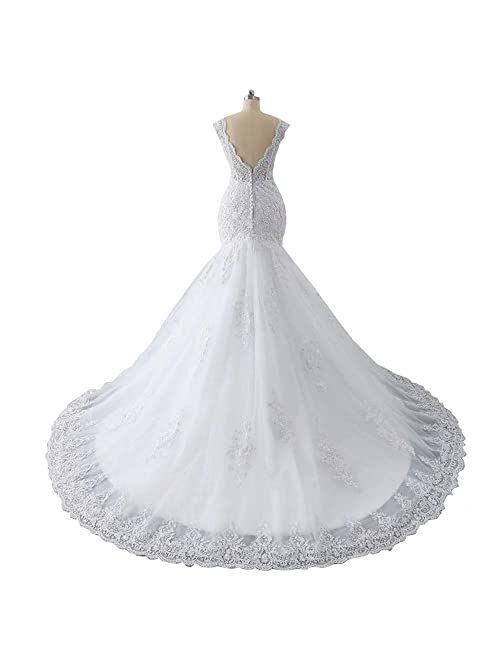 Mollybridal Deep V Neck Applique Beads Pleats Mermaid Wedding Dresses for Bride Long Plus Size 2022