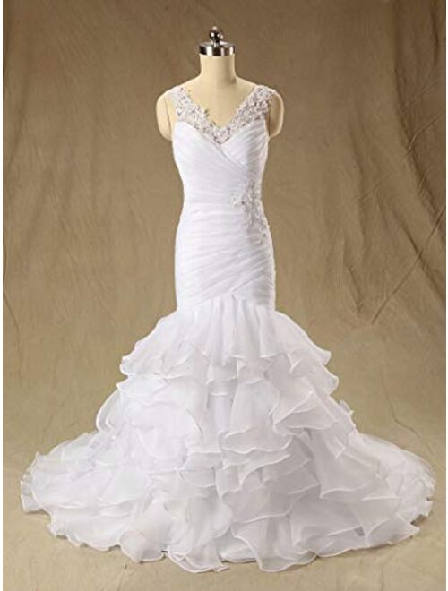 Dommydress trumpet Wedding Dress for Bride Plus Size 2021 V Neck Ruffles Lace Pleated Applique Tulle