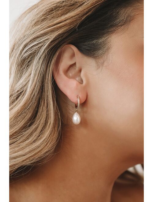 Lulus Divine Connection 14KT Gold Pearl Mini Hoop Earrings