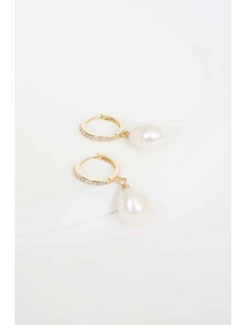 Lulus Divine Connection 14KT Gold Pearl Mini Hoop Earrings