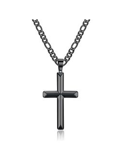 KRFY Cross Necklace Figaro Link Chain for Men Women Stainless Steel Black Gold Silver Beveled Cross Pendant Necklaces 18k Gold Plated Simple Necklaces 18/20/22/24/26/30 I