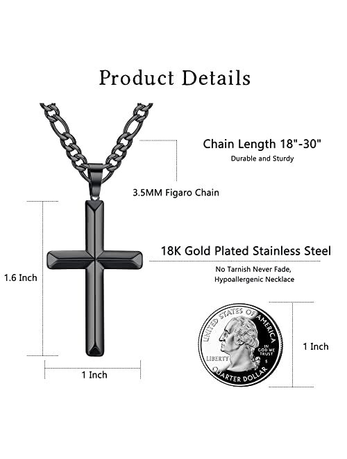 KRFY Cross Necklace Figaro Link Chain for Men Women Stainless Steel Black Gold Silver Beveled Cross Pendant Necklaces 18k Gold Plated Simple Necklaces 18/20/22/24/26/30 I