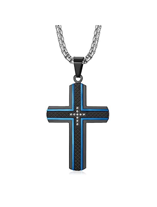 Zillaly Men's Stainless Steel Cross Necklace,Two-Tone Black & Blue Carbon Fiber Pendant - Included Gift Box