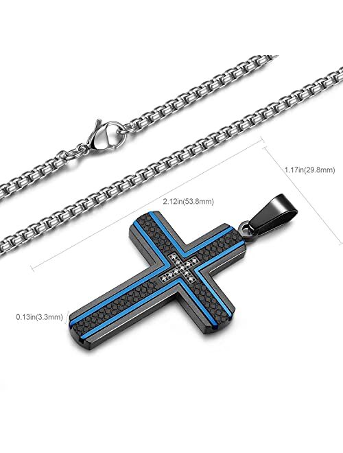 Zillaly Men's Stainless Steel Cross Necklace,Two-Tone Black & Blue Carbon Fiber Pendant - Included Gift Box