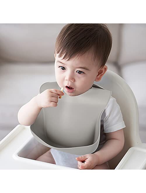 Eascrozn Silicone Bibs for Babies & Toddlers Set of 3, Silicone Baby Bibs for Boy and Girl, Adjustable Soft Waterproof Bibs
