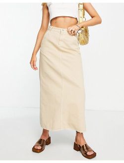 Inspired denim maxi skirt in beige with white contrast stitch