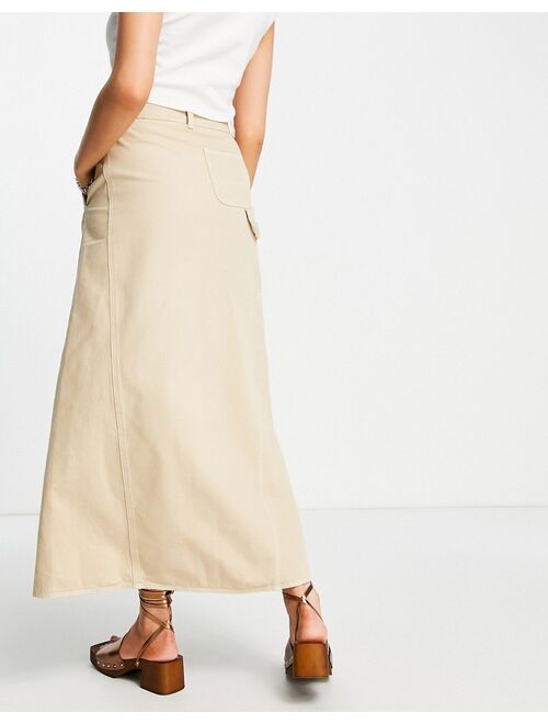 Reclaimed Vintage Inspired denim maxi skirt in beige with white contrast stitch