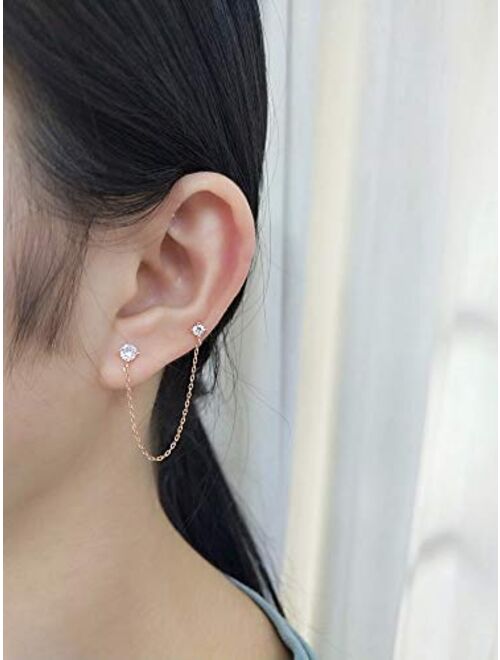 Newzenro 4 Prong CZ Round Stud With Chain Cuff S925 Sterling Silver Earrings for Women Girls Cartilage Double Piercing Holes Fashion Chic Minimalist Climber Crawler Threa