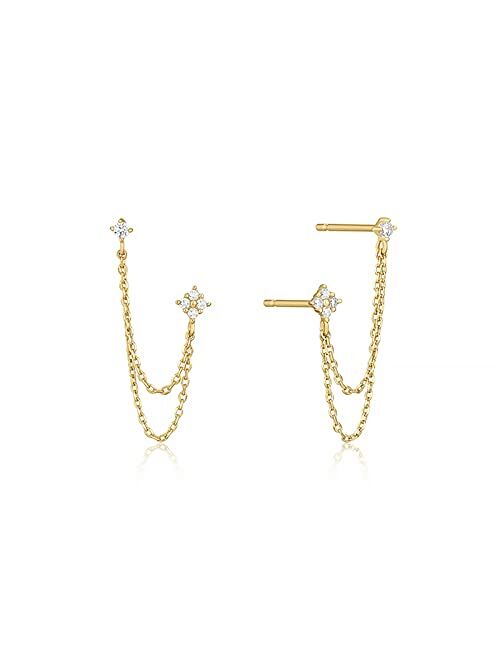 GLAHORSE 925 Sterling Silver Four Zircons Flower Stud Earrings For Women Double Studs Chain Tassel Piercing Earring 18K Gold