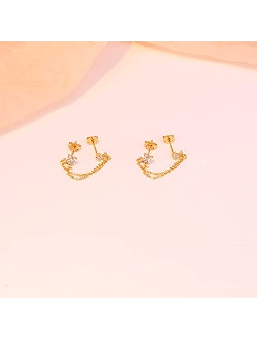 GLAHORSE 925 Sterling Silver Four Zircons Flower Stud Earrings For Women Double Studs Chain Tassel Piercing Earring 18K Gold