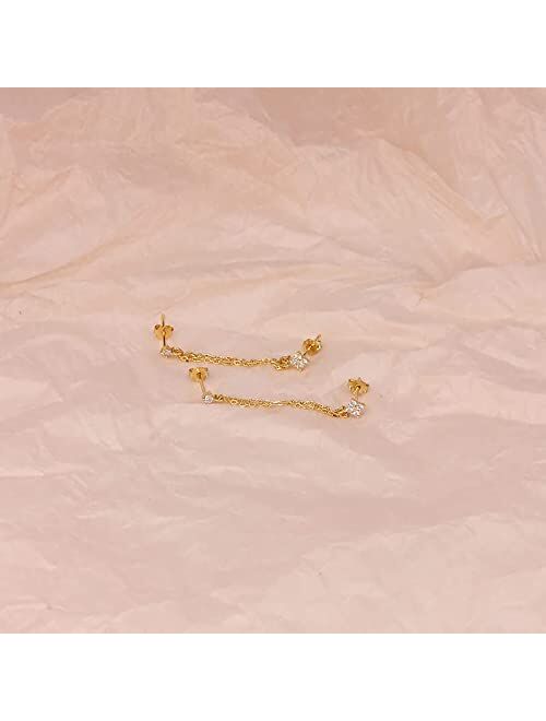 GLAHORSE 925 Sterling Silver Four Zircons Flower Stud Earrings For Women Double Studs Chain Tassel Piercing Earring 18K Gold