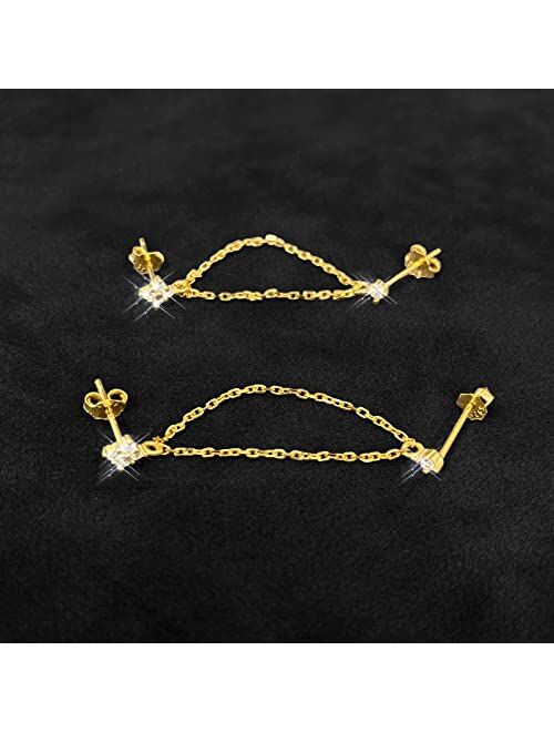 GLAHORSE 925 Sterling Silver Four Zircons Flower Stud Earrings For Women Double Studs Chain Tassel Piercing Earring 18K Gold