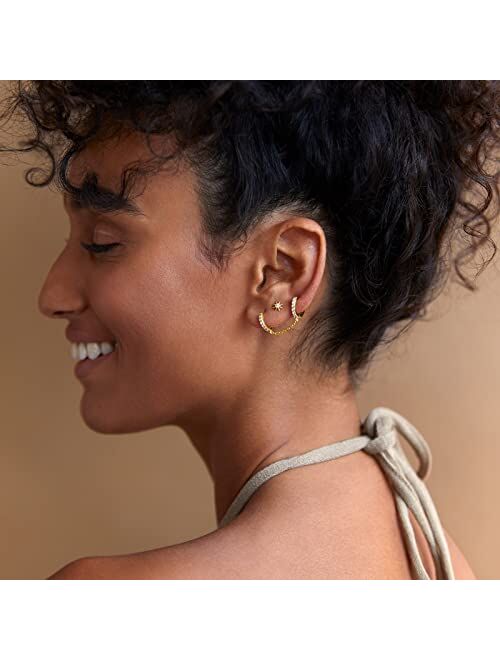PAVOI 14K Gold Chain Earrings for Women | Double Piercing Dangle Chain Huggie Hoop Earrings | Cubic Zirconia Pearl Stud Earrings for Women