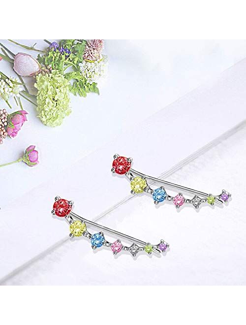 Newzenro Colorful Climbers Cuff Wrap Cubic Zirconia S925 Sterling Silver Fashion Studs Crawler Pierced Earrings for Women Girls 7 Crystal CZ Hypoallergenic for Sensitive 
