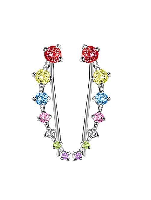 Newzenro Colorful Climbers Cuff Wrap Cubic Zirconia S925 Sterling Silver Fashion Studs Crawler Pierced Earrings for Women Girls 7 Crystal CZ Hypoallergenic for Sensitive 