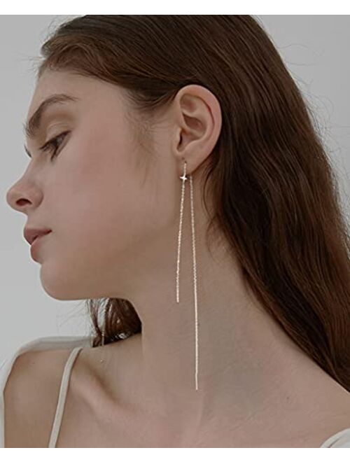 SLUYNZ 925 Sterling Silver Star Long Dangle Earrings Chain for Women Teen Girls Line Earrings Tassel Chain