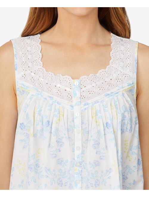 EILEEN WEST Eyelet-Trim Cotton Swiss Dot Floral Print Nightgown