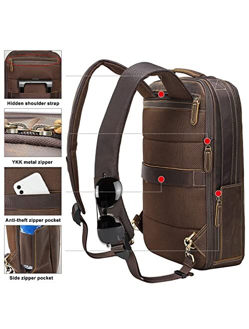 Masa Kawa Leather 15.6" Laptop Backpack for Men Convertible Briefcase Backpacks School Bookbag Expandable Vintage Business Work Travel Rucksack Daypack, Brown