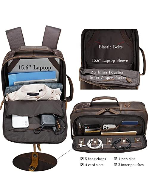 Masa Kawa Leather 15.6" Laptop Backpack for Men Convertible Briefcase Backpacks School Bookbag Expandable Vintage Business Work Travel Rucksack Daypack, Brown