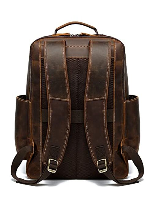 Lannsyne Men's Vintage Full Grain Leather Backpack for 16" Laptop Travel Hiking Camping Rucksack