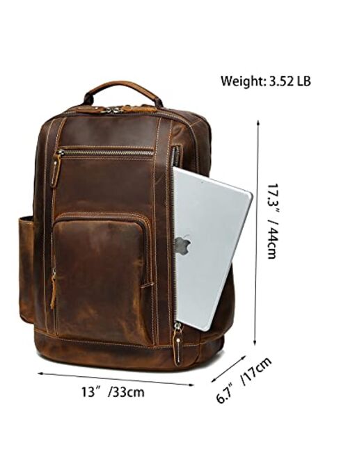 Lannsyne Men's Vintage Full Grain Leather Backpack for 16" Laptop Travel Hiking Camping Rucksack