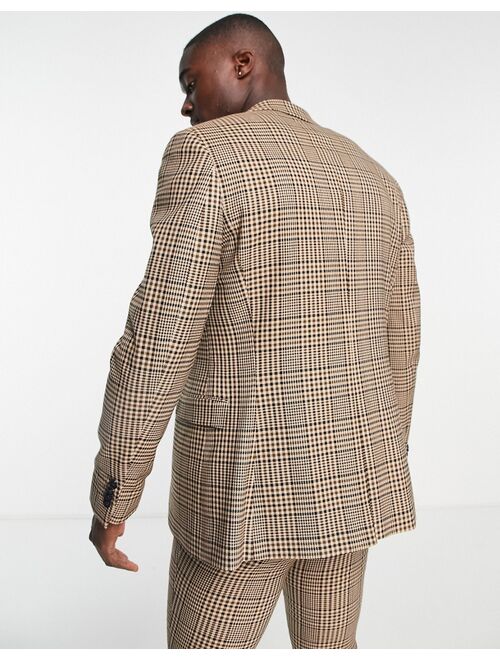 Topman super skinny one button neutral plaid suit jacket in brown