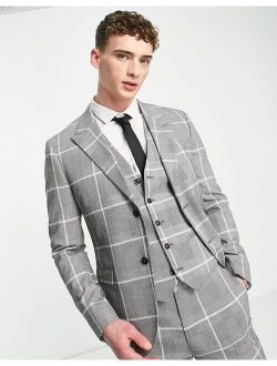 skinny double breasted suit jacket in gray check