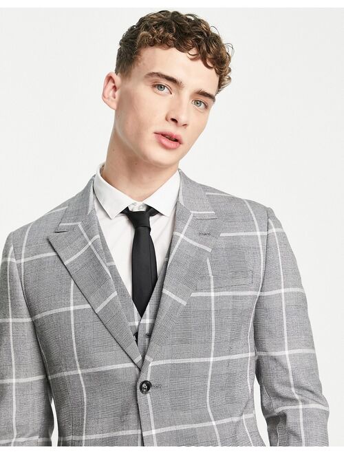 Topman skinny double breasted suit jacket in gray check
