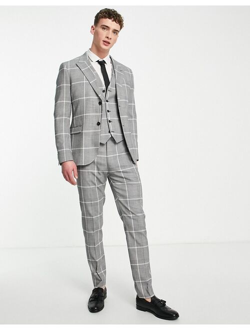 Topman skinny double breasted suit jacket in gray check