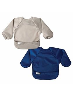 Tiny Twinkle Mess Proof Baby Bib, 2 Pack Full Sleeve Bib Outfit, Waterproof Bibs for Toddlers, Machine Washable, Tug Proof, Baby Smock for Eating, Long Sleeve (Taupe Dand