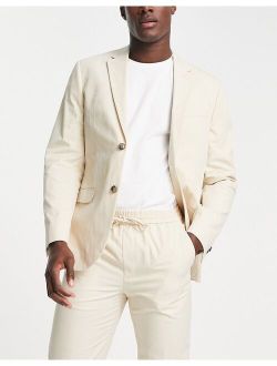 skinny two button washed cotton suit jacket in ecru