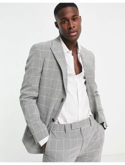 skinny single breasted suit jacket in gray and lime check