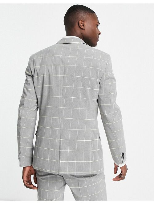 Topman skinny single breasted suit jacket in gray and lime check