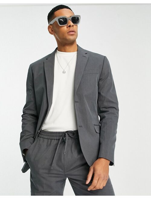 Topman skinny two button washed cotton suit jacket in charcoal