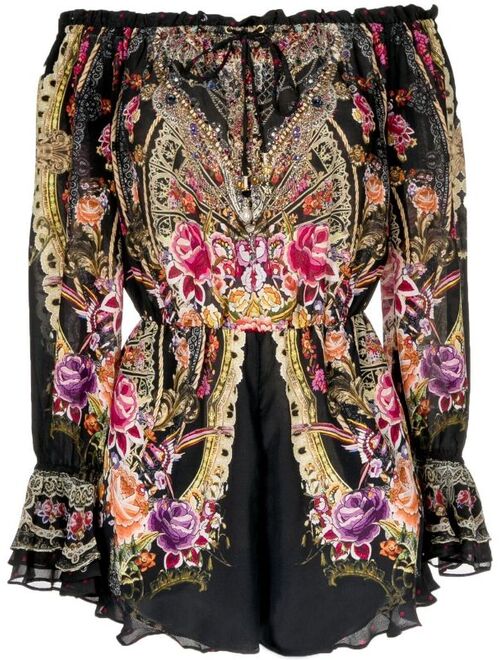 Camilla drop-shoulder frill silk playsuit