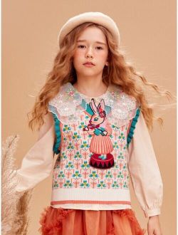 Girls Heart Pattern Cartoon Patched Frilled Sweater Vest Without Blouse