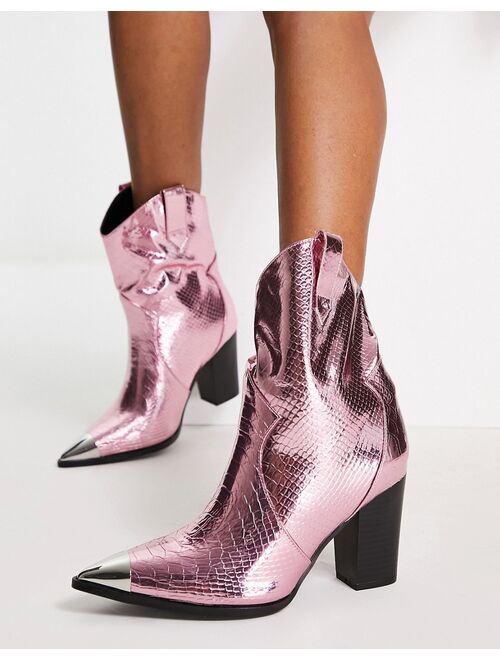 Public Desire West toe cap western ankle boots in metallic pink croc