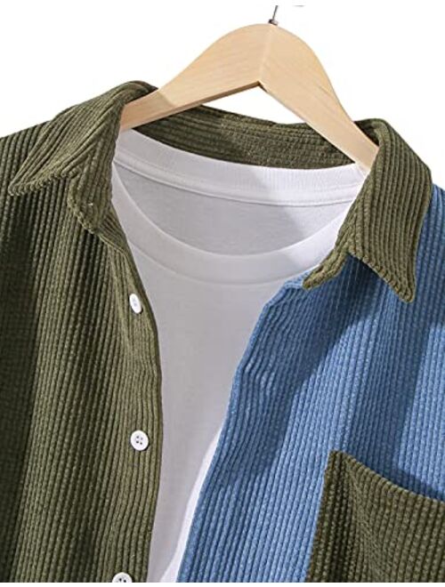 UANEO Mens Corduroy Patchwork Long Sleeve Casual Button Down Shirt Shacket