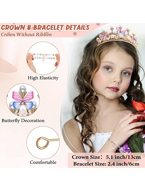 Willbond 4 Pieces Princess Crown Tiara Necklace Bracelet Set Butterfly Headpieces Gold Pearl Tiara Earrings Kit Crystal Rhinestone Jewelry Set for Girls Costume Wedding B