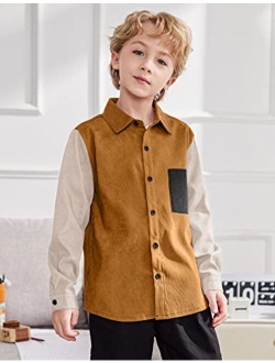 Boys Button-Down Shirts Fashion Color Block Pocket Front Corduroy Shirt