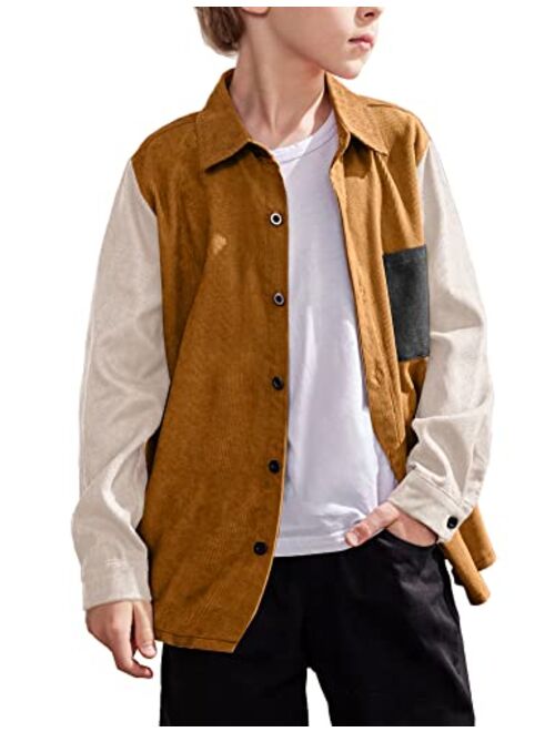 Arshiner Boys Button-Down Shirts Fashion Color Block Pocket Front Corduroy Shirt