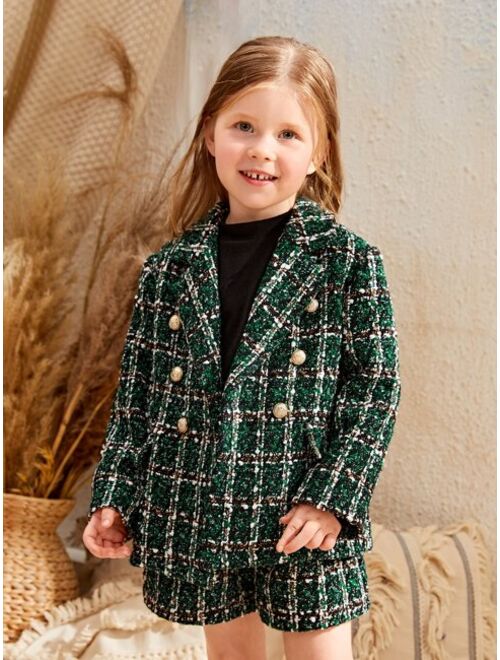 SHEIN Toddler Girls Double Breasted Tweed Jacket & Shorts