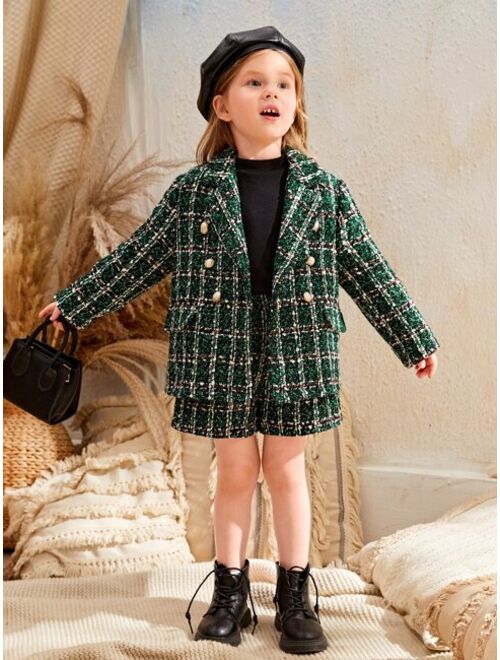 SHEIN Toddler Girls Double Breasted Tweed Jacket & Shorts